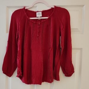 Knox Rose Red Button-Front Peasant Blouse